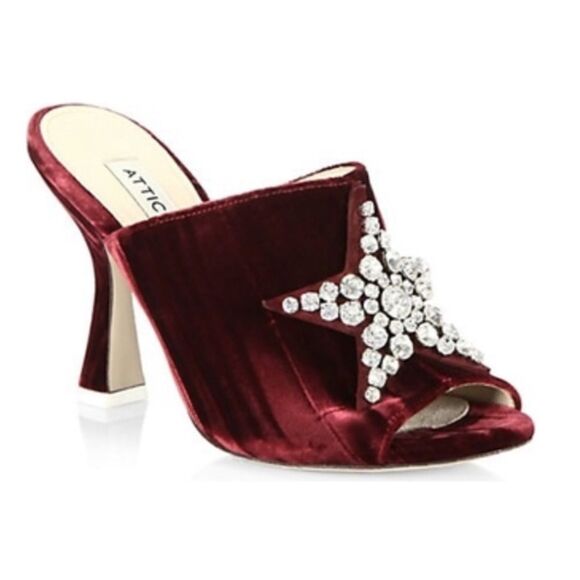 The Attico Shoes - The Attico Debbie Crystal Star Velvet Dark Red Slide BurgundyMule Sandal Size 37